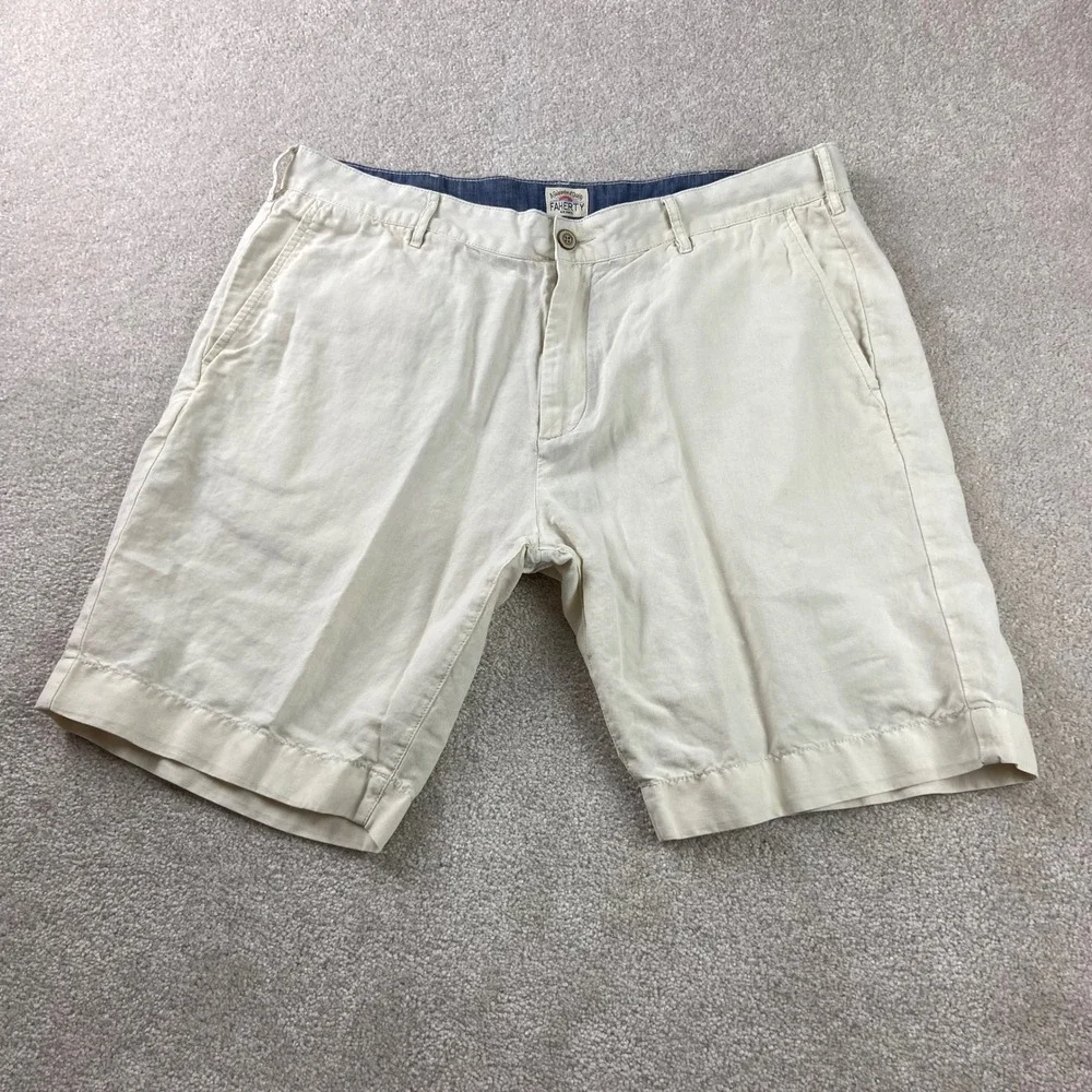 Faherty Shorts Mens 35(Fits 36) Beige Linen Blend Flat Front Casual Summer Beach